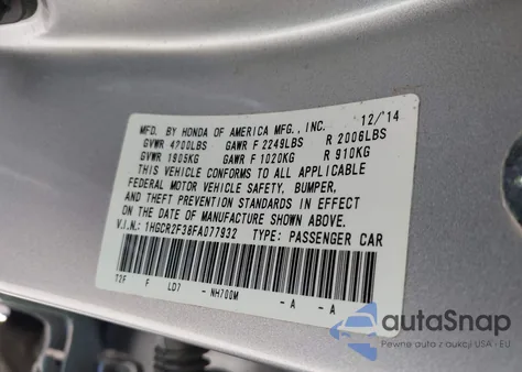 2015 Honda Accord Lx из США, поврежденный, VIN 1HGCR2F38FA077932